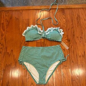 Adorable green & white checked two piece swimsuit by J Crew. Sz: M. NWT